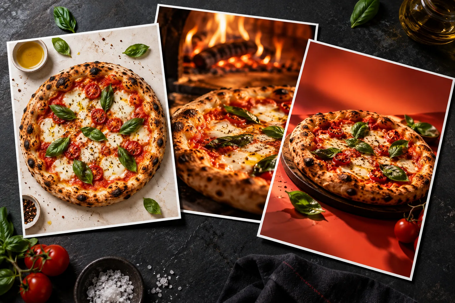 Three restaurant campaign directions featuring artisan pizza