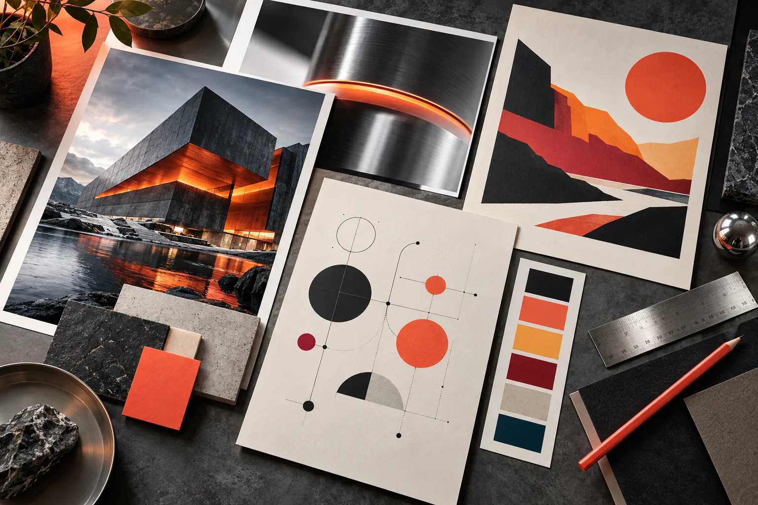Brand direction moodboard combining architecture, technology, illustration and information design
