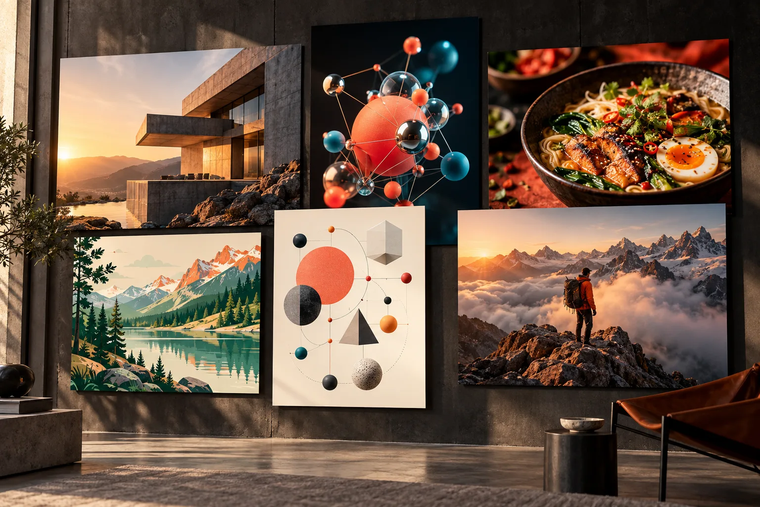 Six creative examples: architecture photography, abstract 3D, food, landscape illustration, an information diagram and a mountain adventure