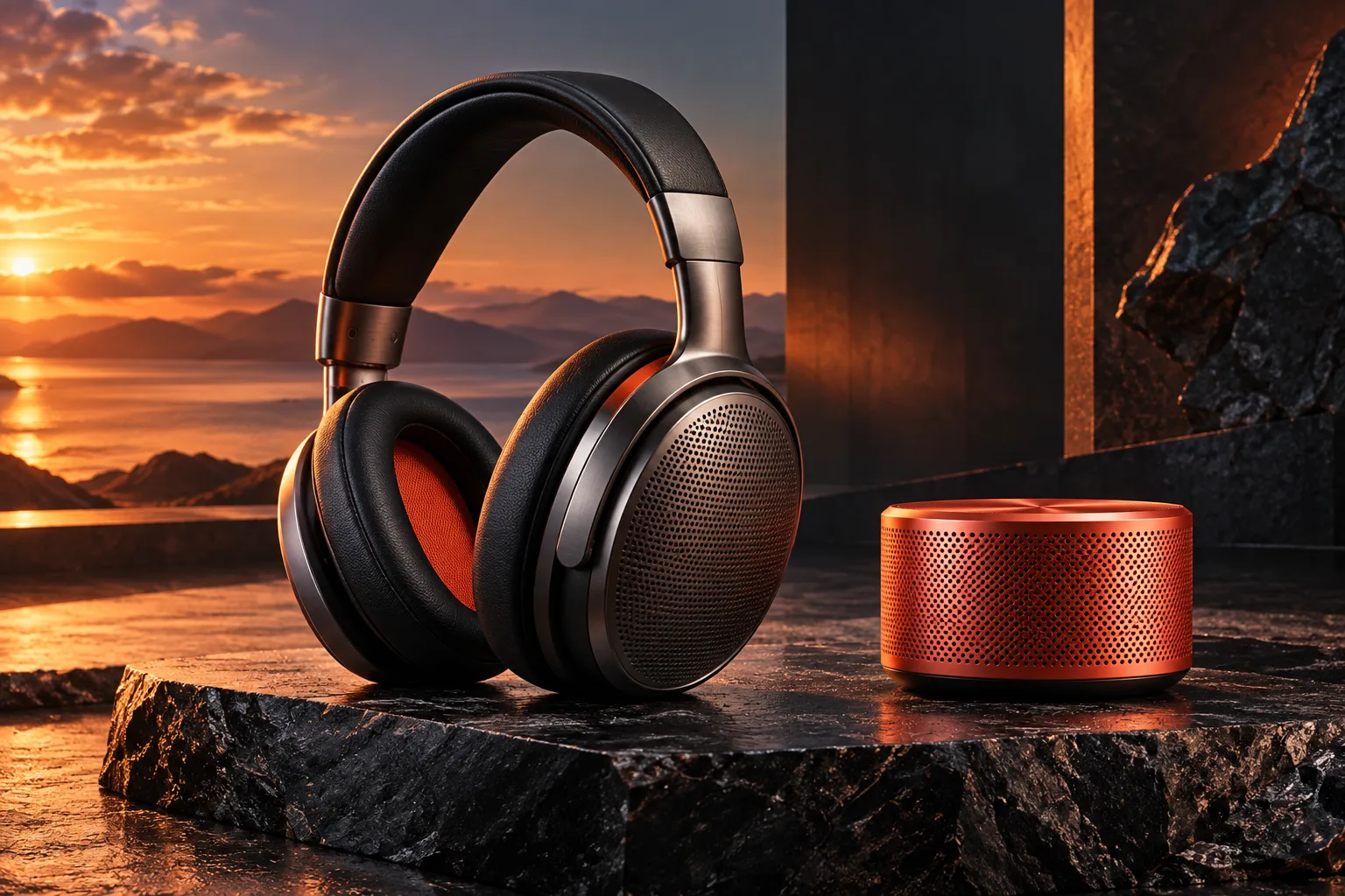 Graphite headphones and a coral portable speaker in a premium technology campaign