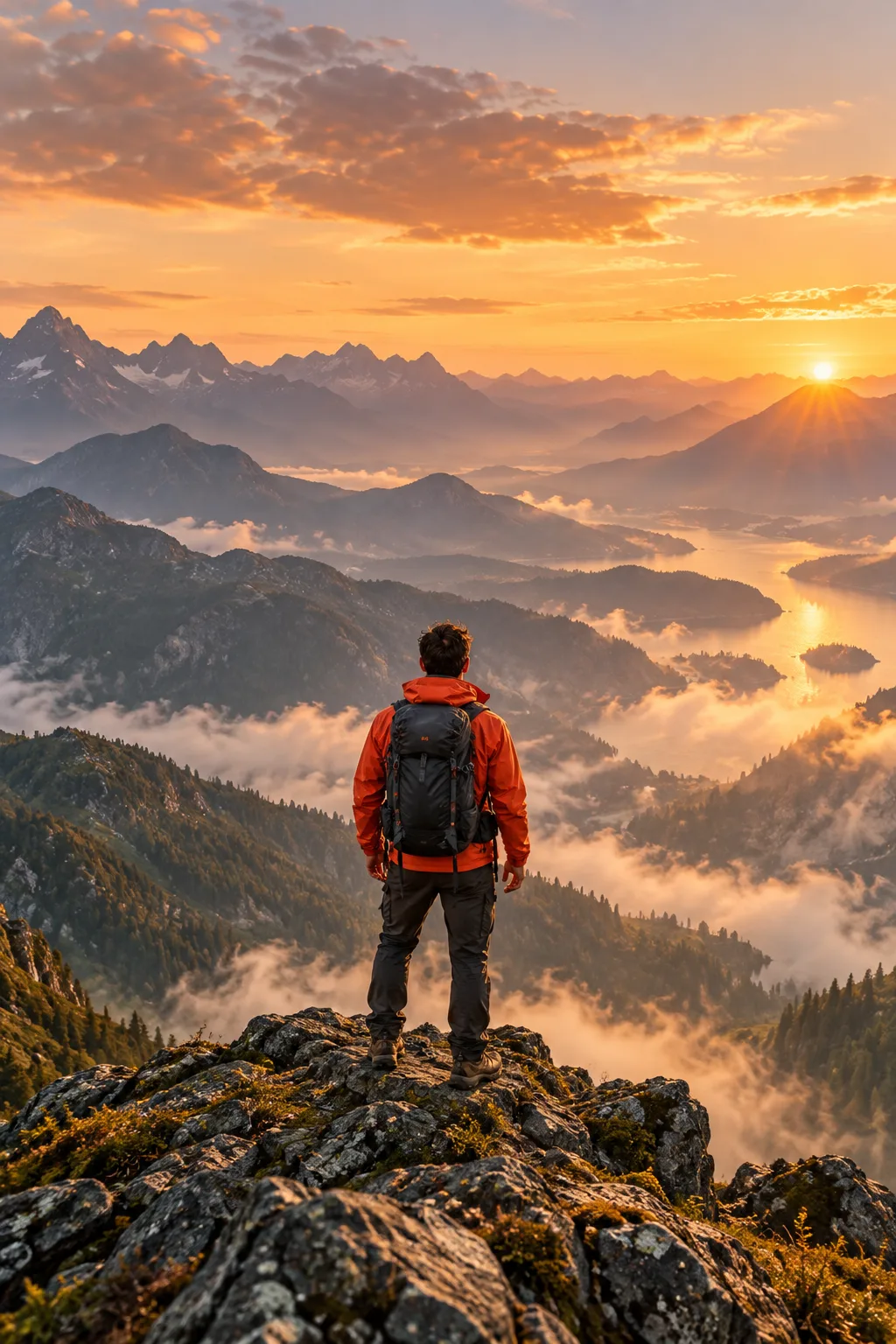 Hiker in a coral jacket looking at the mountains at sunrise